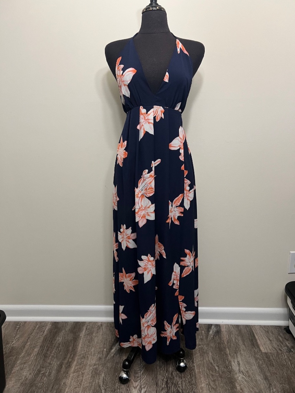 Simplee Apparel Navy and Coral Floral Maxi Dress